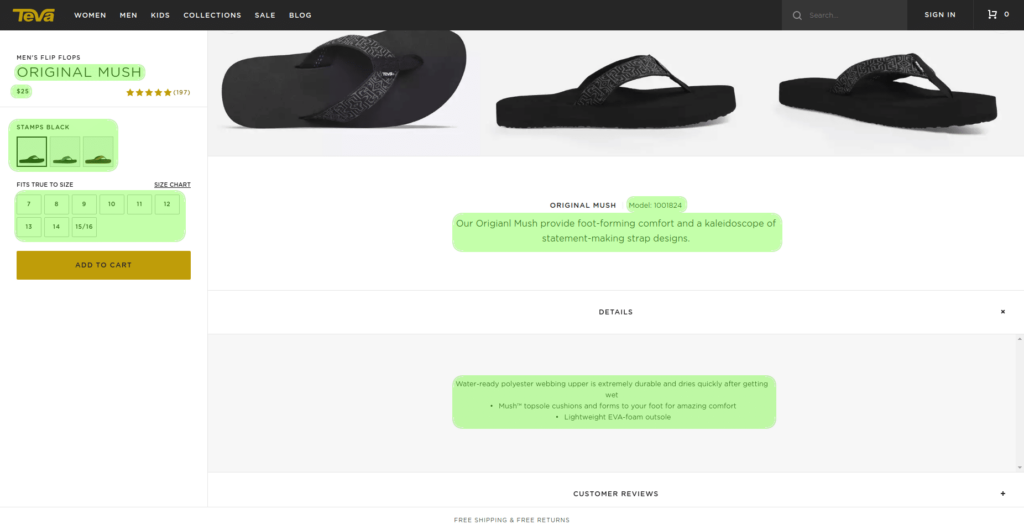 Teva’s Men’s collection and product page (data fields highlighted)